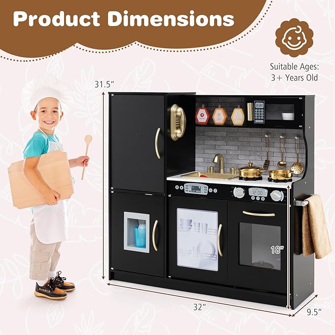 Costzon Kids Kitchen Playset, Wooden Pretend Cooking Toy Set w/Real Sound, Large Blackboard, Telephone, Microwave, Ice Maker, Dishwasher, Oven, Storage Space, Play Kitchen for Kids Ages 3+ (Black)