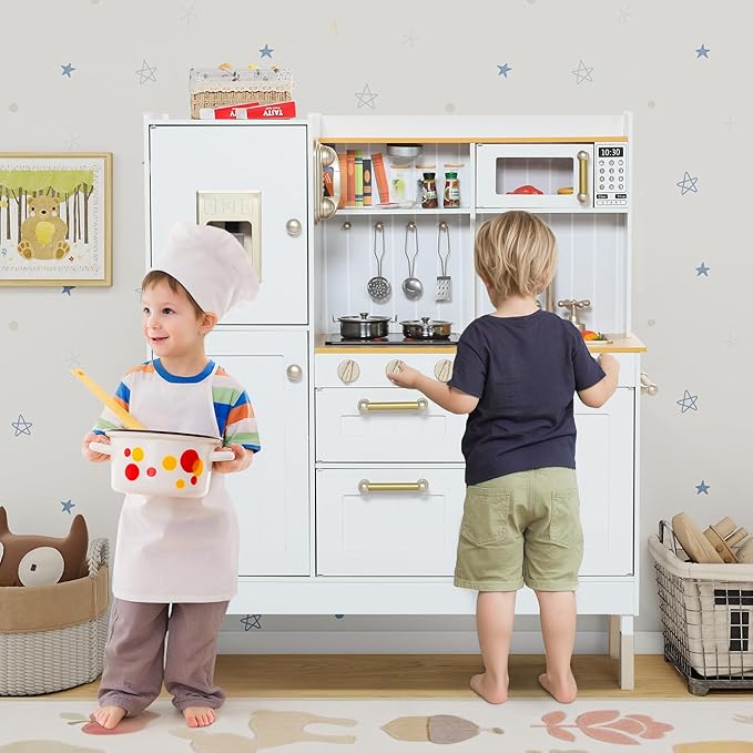 Play Kitchen for Kids, Wooden Kids Kitchen Playset with Realistic Sounds, Children Pretend Toy Kitchen Playset w/Stove, Oven & Ice Maker, Little Chef Play Kitchen for Girls and Boys, White