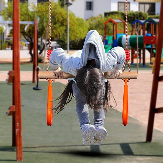 PELLOR Kids Trapeze Bar with Rings,Wooden Trapeze Swing Bar for Ninja Warrior Obstacle Course,Children's Swing Set Indoor Outdoor Garden,Yard,Playground