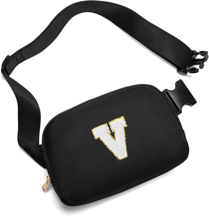 Gitus Birthday Gifts for 8 9 10 11 12 13 Year Old Girls Personalized Fanny Pack Crossbody Bags with Initial Letter Patch Belt Bag for Teen Girls Cute Trendy Stuff Travel Essentials (Black-V)