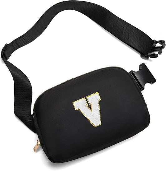 Gitus Birthday Gifts for 8 9 10 11 12 13 Year Old Girls Personalized Fanny Pack Crossbody Bags with Initial Letter Patch Belt Bag for Teen Girls Cute Trendy Stuff Travel Essentials (Black-V)