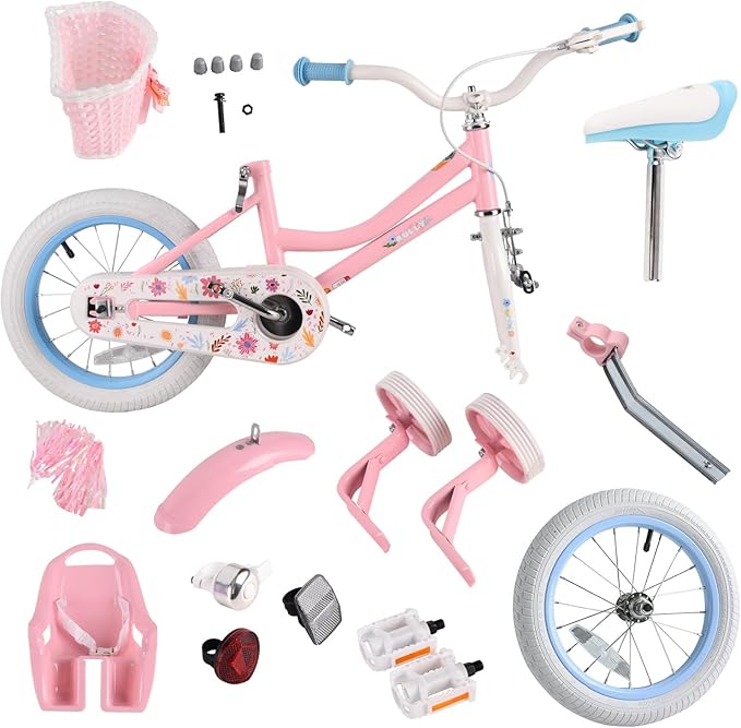 RULLY Daisy Kids Bike for Girls Ages 2-9 Years, 12 14 16 18 Inch Princess Girls Bicycle with Doll Bike Seat, Training Wheels, Basket and Streamers, Kids Cycle Bikes, Multiple Colors