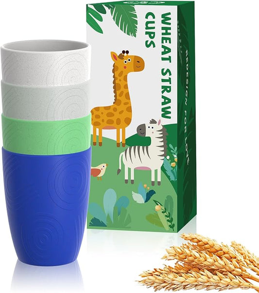 Homienly Wheat Straw Drinking Glasses Set of 4, Unique Texture Reusable Kids Cups, Stackable for Kitchen, Home, Party, Camping, Dishwasher Safe Tumbler 12 OZ - Island Color