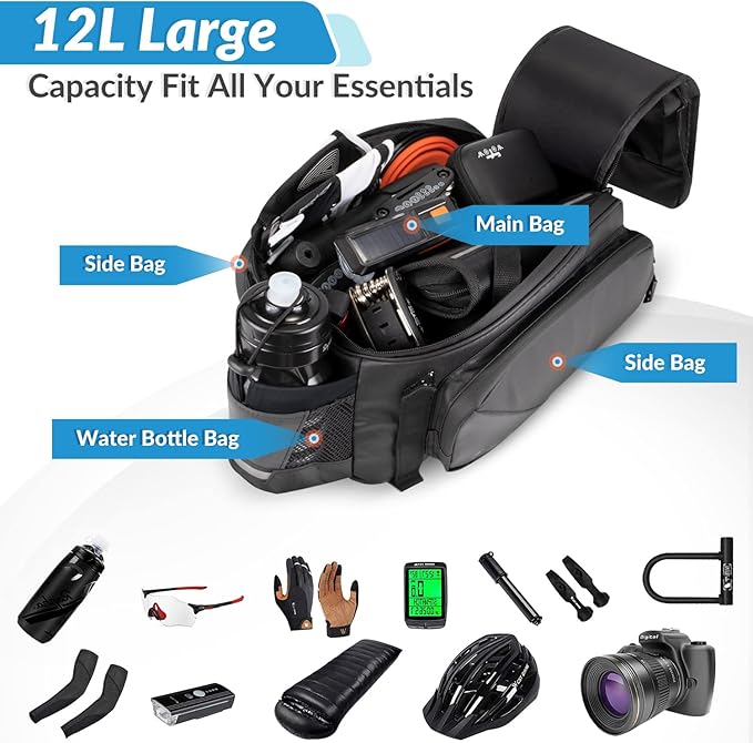 WOTOW Rear Rack Bag, 12L Waterproof Reflective Bicycle Trunk Bag, Cycling Rear Seat Carrier Backseat Storage Luggage with Water Bottle Holder, Shoulder Strap for MTB Bike E-Bike
