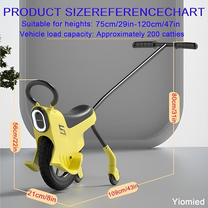 12in Hand Push Unicycle for Kids, Light Unicycle Bikes with Light/Handrails/Auxiliary Wheels, Parent-Child Unicycle Bike, Unicycle Balance Bikes, Kids Unicycle Bicycles (Yellow)