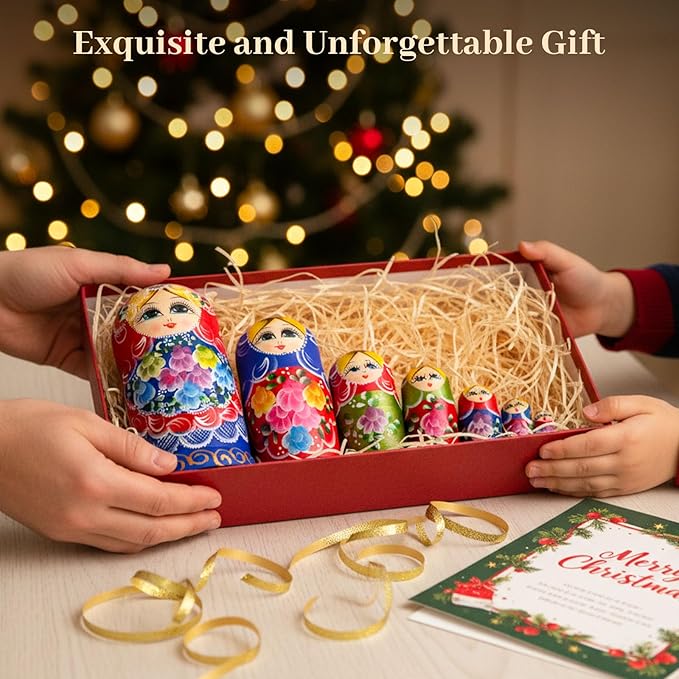 AMOR PRESENT Russian Nesting Dolls, 7PCS Wood Nesting Dolls Matryoshka Stacking Nested Set for Christmas Children Kids Birthday Gift