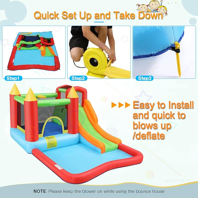 Inflatable Bounce House, Kids Bouncy House Slide with Blower, Long Slide, Fun Pool/Ball Pit, Climbing Wall, Basketball Rim, Outdoor Backyard Jumping Castle Bounce House for Kids 3-10 Years