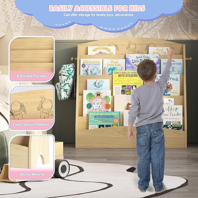 5-Tier Kids Bookshelf Montessori Toddler Book Rack Baby Bookcase Floor Front Facing Magazine Display Shelf for Bedroom Playroom Nursery Classroom Kindergarten Wood (Natural)