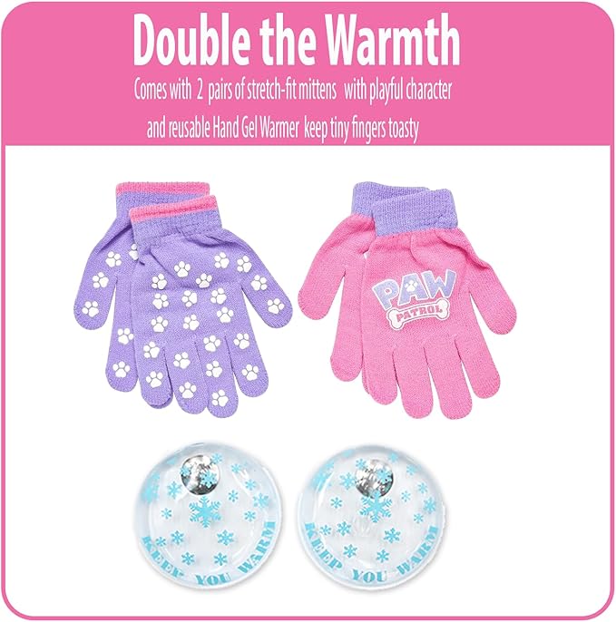 Nicklelodeon Paw Patrol Girls Winter Hat and 2 Pair Mittens or Gloves (Age 2-7), Size Age 4-7, Paw Patrol Reversible Glove with Handwarmers