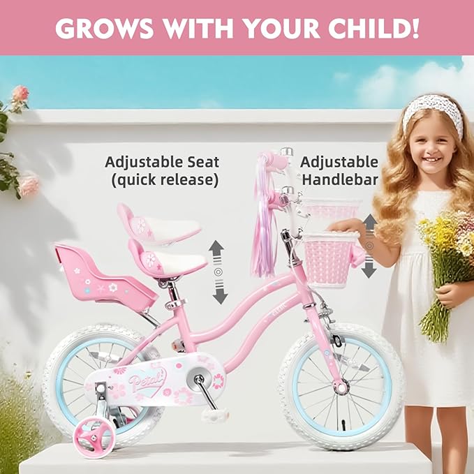 Glerc Petal Girls Bike, 12-18 Inch Kids Bike for Ages 2-9 Years Old Children, Princess Style Kids Bicycle with Training Wheels & Basket & Streamers, Multiple Colors