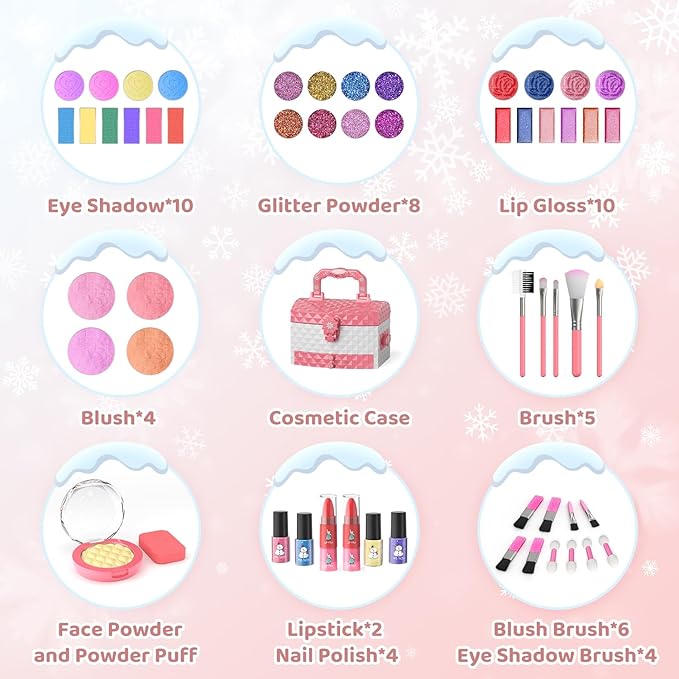 PERRYHOME Kids Makeup Set for Girl 56 Pcs Washable Real Cosmetic, Non-Toxic Frozen Toys Toddler Makeup Kit, Princess Dress up Christmas & Birthday Girl Gift for 3 4 5 6 7 8 9 10 11 12 Year Old Girls