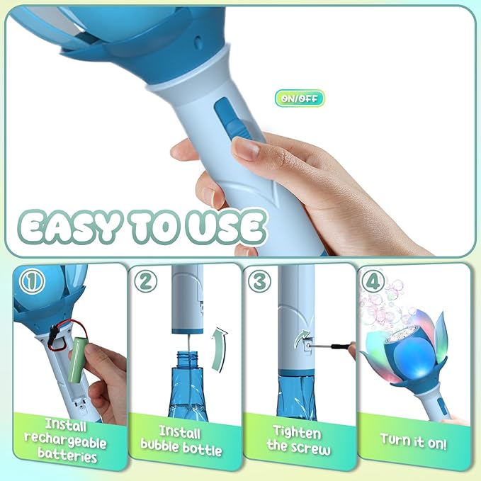 PANACARE Bubble Wand Blower for Kids Handheld Lotus Bubble Wand Automatic Bubble Machine with Battery/Light/10000+Bubbles/Bubble Solution Bubble Toy Gift for Girl Boys Party Weddings Outdoor Indoor