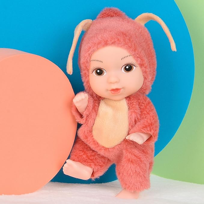 6 Pack 5 inch Baby Dolls-PVC Mini Figures with Cute Animal Outfits, Safe Toys for Kids, Collectible Display Stress Relief