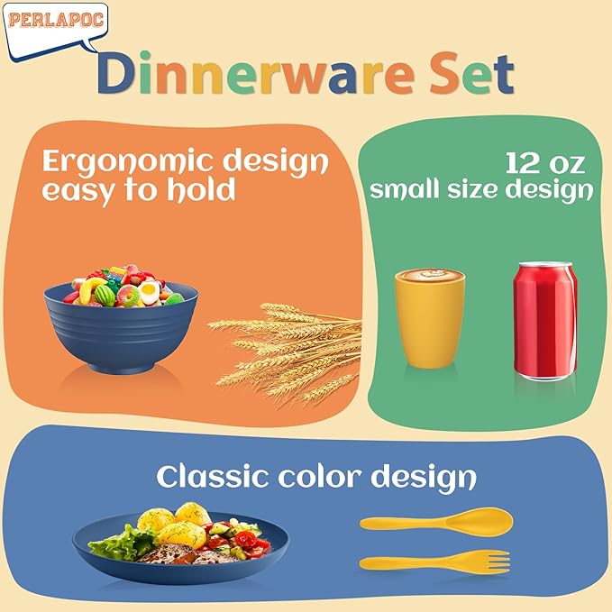 Wheat Straw Dinnerware Sets, 20 PCS Service for 4, Dishwasher & Microwave Safe Kids Plates and Bowls Sets, Unbreakable Lightweight Outdoor Camping Dishes - Multicolor