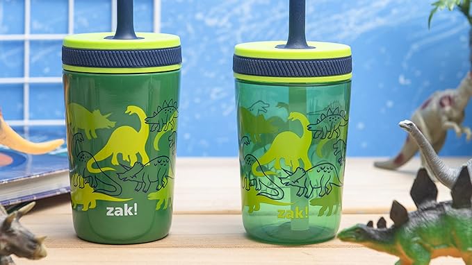 Zak Designs Dino Camo Kelso Tumbler 3pc Set, Leak-Proof Screw-On Lid with Straw, Bundle for Kids Includes Plastic and Stainless Steel Cups with Additional Sipper