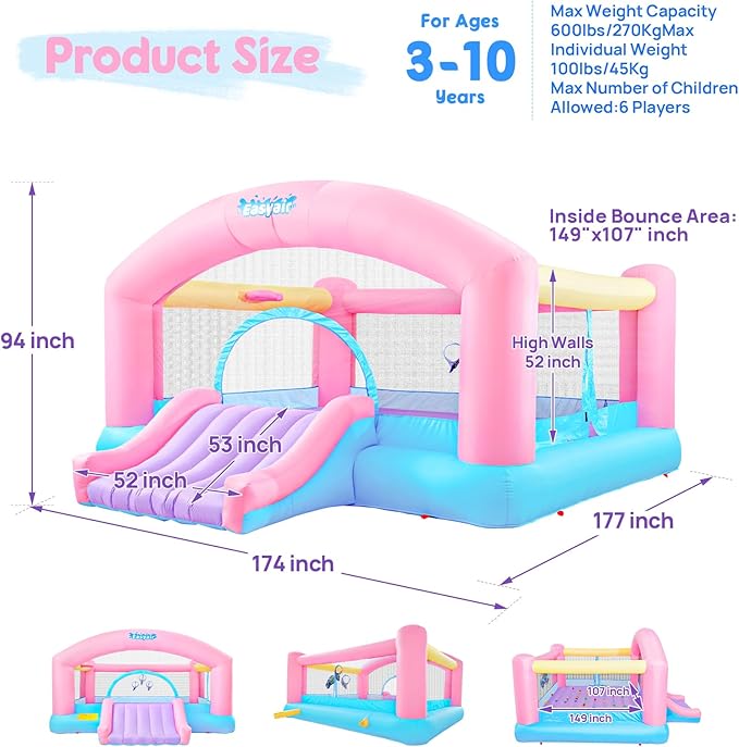 Large Bounce House for Big Kids, 14.8 x 14.5 FT Inflatable Bouncer Jumper Slide with 650W Blower, Basketball Hoop, Throw Ball Game, Ball Pits (Pink, 177" L x 174" W x 94" H)
