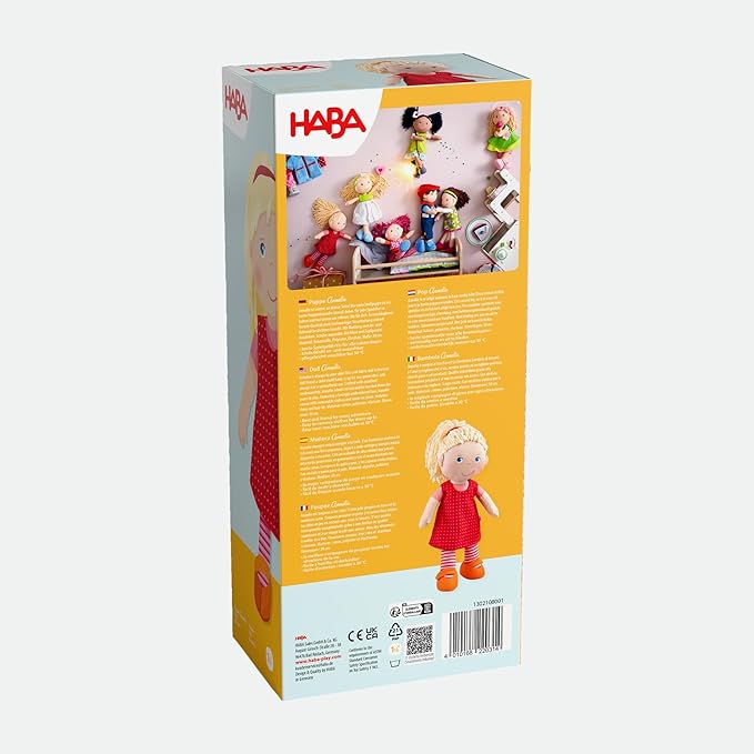 HABA 12" Soft Baby Doll Annelie with Blonde Hair, Embroidered Face, Removable Red Dress and Matching Hairband - Washable Toddler Doll for 18 Months+