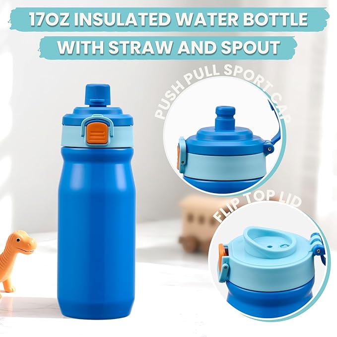 PIQUEBAR Kids Lunch Bento Box with 8oz Thermo Ice Pack Food Container with Insulated Lunch Bag, Insulated Water Bottle with Straw for Girls Boys, (A-Blue)