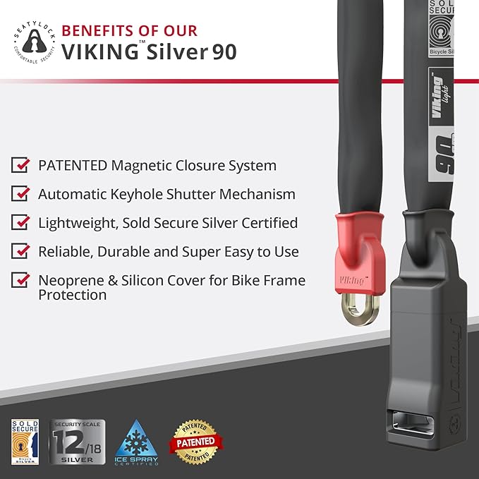 Seatylock Viking Bike Chain Lock with Key - Magnetic Patented Sold Secure Silver Rated - Heavy Duty Anti Theft - Smart Ultra Security Bicycle Lock (35.5 Inch)