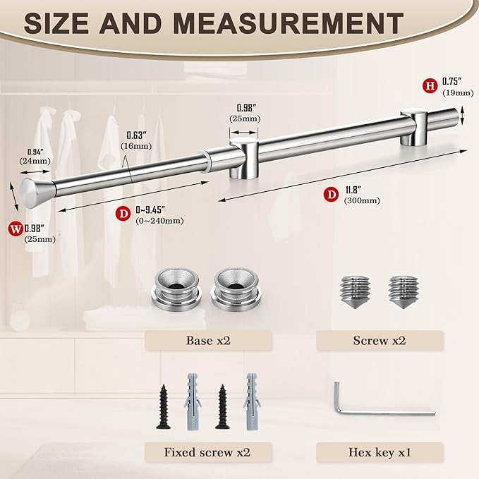 1Pcs Valet Rod for Closet Pull Out, Adjustable Heavy Duty Closet Valet Rod, Metal Stainless Steel Closet Rods for Hanging Clothes, Scarf, Pants, Sliver