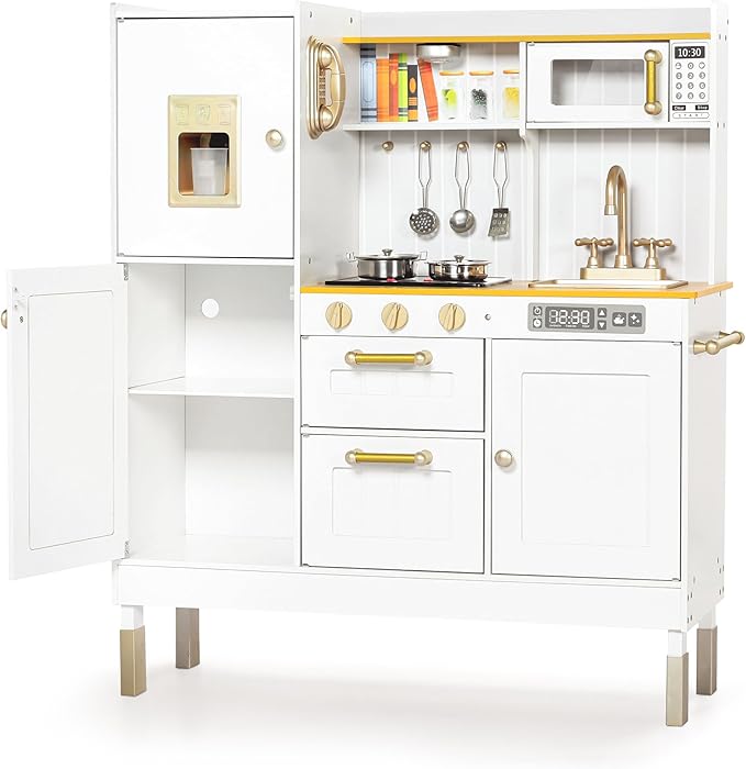 Kinder King Wooden Kids Play Kitchen, Kitchen Playset for Toddler Kid, Play Kitchen Toy Set w/Real Sounds, Pretend Microwave Oven, Ice Maker, Telephone, Gift for Boys Girls Age 3+, White