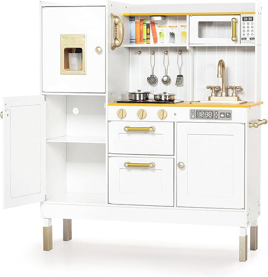 Kinder King Wooden Kids Play Kitchen, Kitchen Playset for Toddler Kid, Play Kitchen Toy Set w/Real Sounds, Pretend Microwave Oven, Ice Maker, Telephone, Gift for Boys Girls Age 3+, White