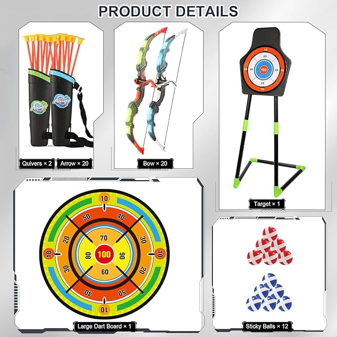 2 Pack Bow and Arrow Set with 29in Large Dart Board, LED Light Up Archery Set for Kids with 20 Suction Cup Arrows&12 Sticky Balls Standing Target Indoor Outdoor Toys Must Have for Boys Girls 3-12 yo