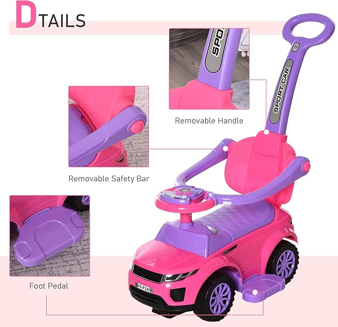 Aosom 2 in 1 Push Cars for Toddlers Kid Ride on Push Car Stroller Sliding Car with Horn Music Light Function Secure Bar Ride on Toy for Boy Girl 1-3 Years Old Pink