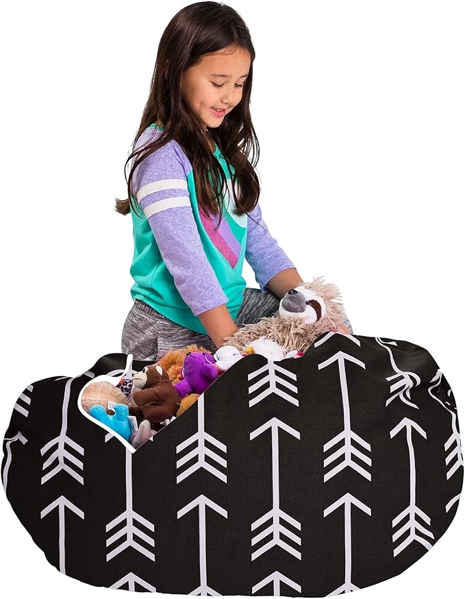 Posh Creations Kids Stuffed Animal Storage Bean Bag Chair Cover - Childrens Toy Organizer, Large-38in, Canvas White Arrows on Gray