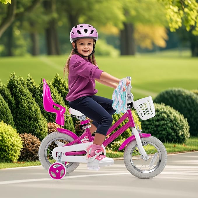 BABY JOY Kids Bike, 12 14 16 18 Inch Children Bicycle w/Detachable Training Wheels, Storage Basket, Adjustable Seat & Handlebar, Bow or Streamer, Girls Bike for 3-8 Years Old