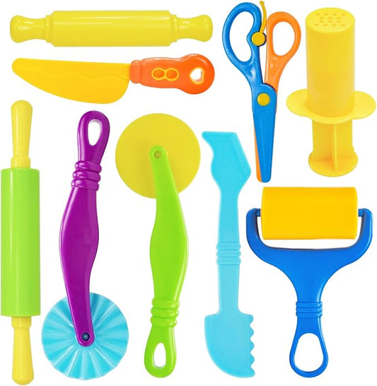 Playdough Tool Set, 9 Pcs Play Dough Tools Sets for Kids Ages 4-8, Playdough Accessories Includes Cutters Roller, Rolling Pins, Safety Scissors, Plastic Knife