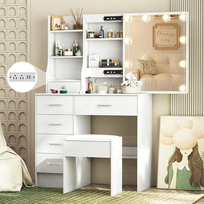 Vanity Desk with Sliding Lighted Mirror, Outlet USB Port, White Vanity Set with Drawers and Stool, 3-Color Adjustable Brightness Lights, Makeup Vanity Dressing Table for Bedroom, Girls & Women Gifts