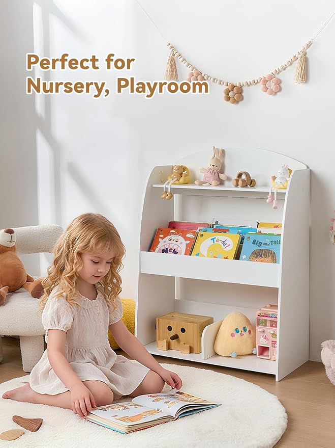 Wooden Kids Bookshelf and Toy Storage, 3-Tier Montessori Book Display Shelf for Toddler Kids Room, Nursery, Playroom, Classroom, White
