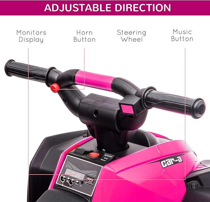 Aosom 12V Kids ATV Quad Car with Forward & Backward Function, Four Wheeler for Kids with Wear-Resistant Wheels, Music, Electric Ride-on ATV for Toddlers Ages 3-5 Years Old, Pink