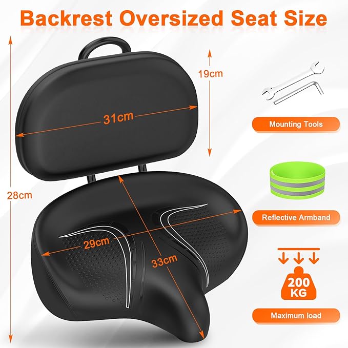 BLUEWIND Oversized Bike Seat, Wide Bicycle Saddle Novel Backrest Design for Electric Bike, Universal Fit Exercise Bike or Road Stationary Bike Seat Cushion for Men & Women