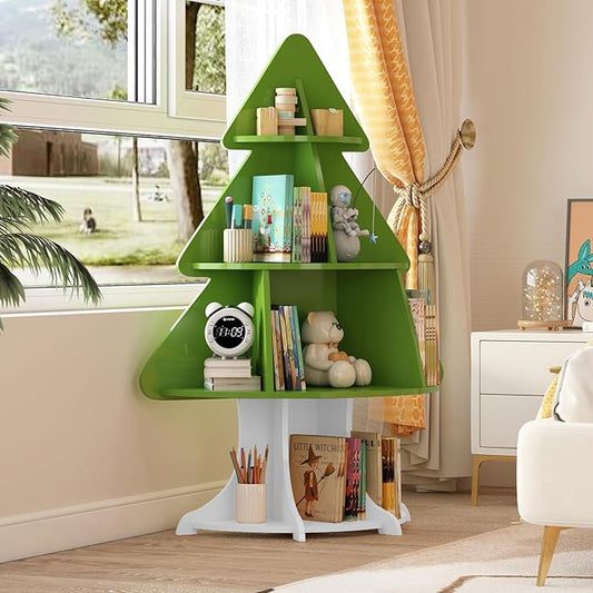 Christmas Tree Shelf Kids Bookshelf Toddler Bookcase 4-Tier Baby Book Rack Children Toy Storage Organizer Wood Display Shelf Nursery Playroom Bedroom Classroom School Homeschooling Boy Girl Gift
