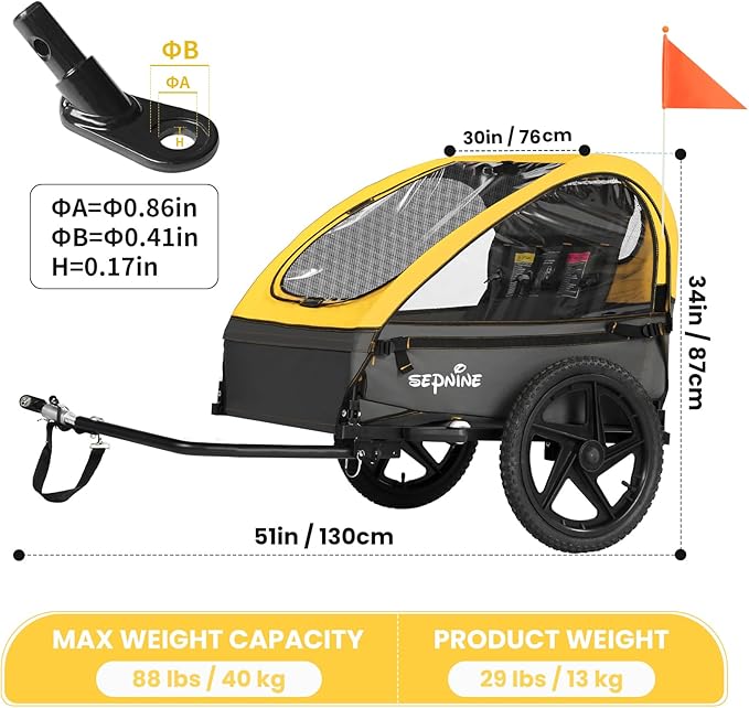 Sepnine Kids Bike Trailer, Suitable for 1 to 2 Kids, 12+ Months, Quick Attach to Bike, Foldable, with 5-Point Harness and Storage Bags