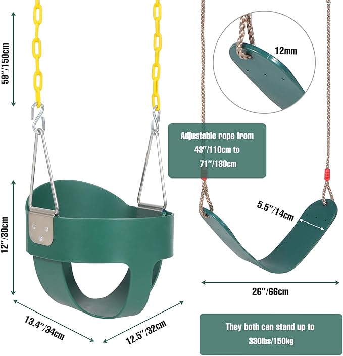 RedSwing Toddler Swing Set, Heavy Duty High Back Full Bucket Swing with Belt Swings Seat Combo Pack for Swingset, Tree Straps and 4 Hooks Included, Green
