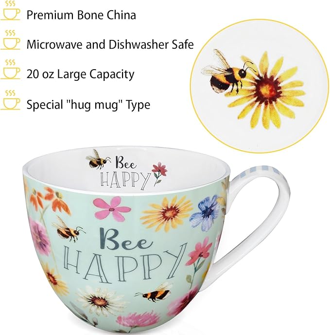 20 oz Bees & Flowers Coffee Hug Mug ,“Be Happy” Designed to Spread Joy, Premium Bone China, Perfect Holiday, Birthday, and Christmas Gift for Women, Designed in England by Harvest Green Studio