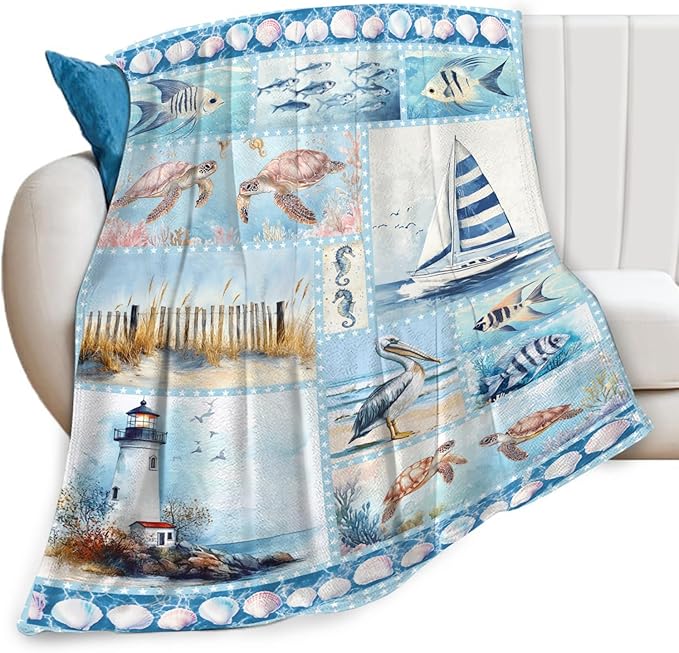 Ocean Nautical Throw Blanket, Nautical Coastal Fleece Blanket Gifts for Boys Girls, Warm Cozy Soft Flannel Throw Stuff for Bed Sofa Couch 80" x 60"