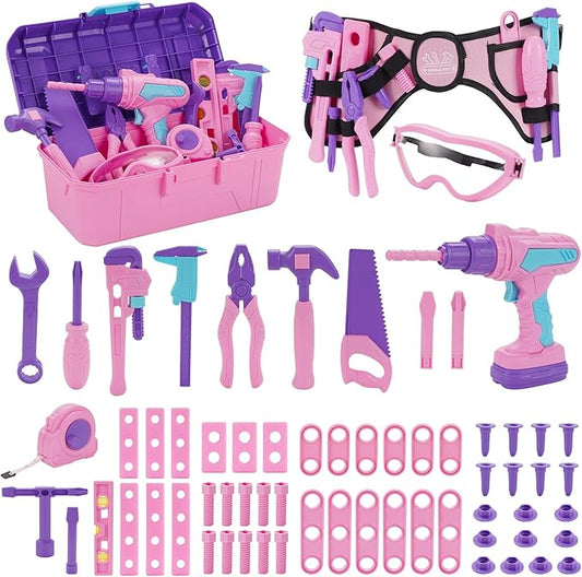 Kids Tool Set, 67 PCS Pink Kids Tool Box for Girls, Electronic Toy Drill&Tape Measure, Pretend Play Girls Toys Construction Tools Kit & Belt, Christmas Birthday Gift Ideas Toddler Tool Set Age 3 4 5+