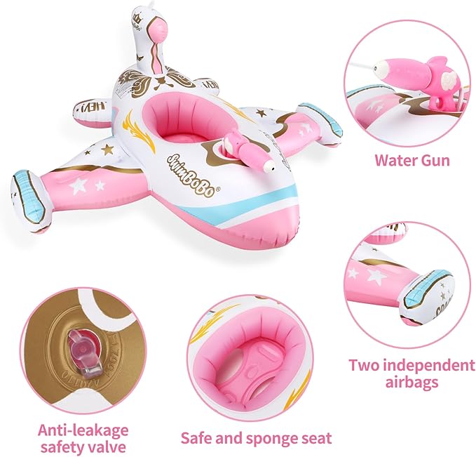 Swimbobo Toddler Pool Float with Seat Boat Inflatable Ride-on Airplane Pirates Sharks Car for Kids Outdoor Toys