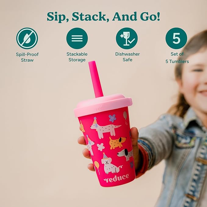 REDUCE GoGo's Kids Portable Tumbler Cups with Lids and Spill-Proof Straws - 5 Pack of Stackable 12 oz Tumblers with Twist-On Lids - Easy Storage, Dishwasher Safe - Fruity Cutie