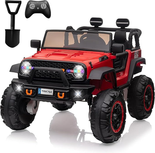 2 Seats 24V Kids Ride on Truck with Remote Control, Battery Powered Electric Ride Car Toy for 3-8 Years, 4 Motors,20" Seat Width for 2 Seaters, LED Light,Music,High/Low Speeds,Shovel, USB (Red)