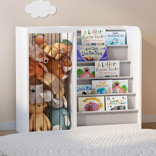 White Kids Bookshelf & Stuffed Animal Net Holder Plush Toy Storage Organizer Child Bookcase Toddler Baby Sling Book Rack for Playroom Bedroom Nursery Infant Boys Girls Classroom