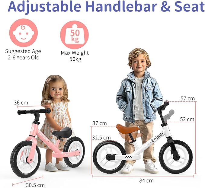 BELEEV C2 Toddler Balance Bike for 2-5 Year Olds with LED Light-Up Wheels, Adjustable Seat & Handlebar & Footrest, 12 inch No-Pedal Training Kids Push Bicycle - First Birthday Gift for Boys & Girls