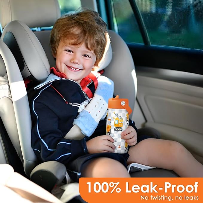 Construction Kids Water Bottle With Straw Lid 12oz Insulated Stainless Steel, Truck Travel Tumbler, Gifts For Boys, Birthday, Christmas, Back To School