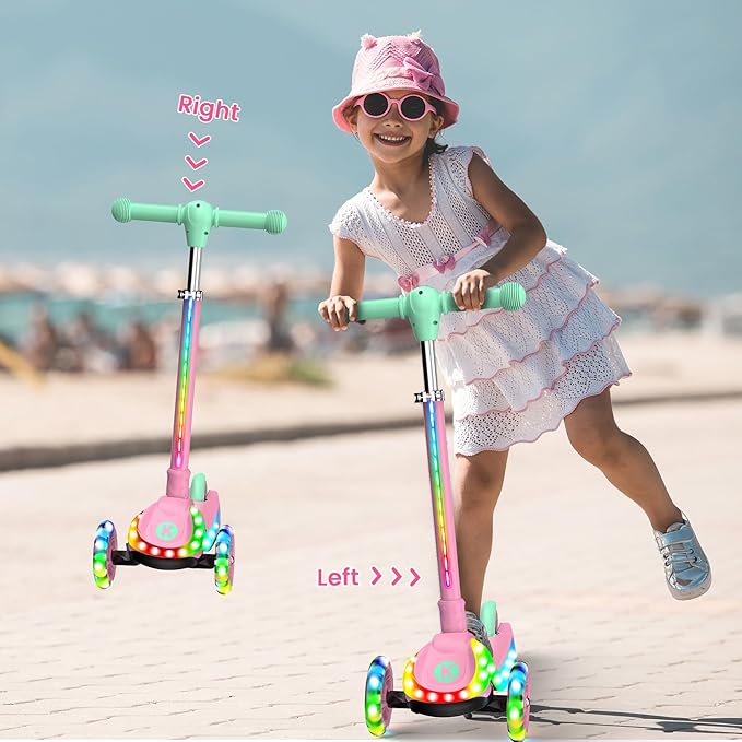 2-in-1 Adjustable Kick Scooter for Kids 3-5 (Suitable 3-12 Years),5-Level Handlebar & Removable Seat, LED Light-Up Wheels, Wide Deck, Foldable Design for Indoor/Outdoor Use - Girls & Boys