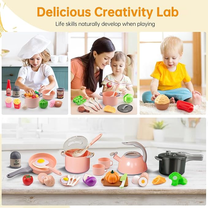 100Pcs Kitchen Playset, Kids Pretend Cooking Play Pots, Pans, Utensils, Cookware, Toy Food Fruits Veggies, with 2 Large Apple - Shaped Storage, Toddler Cooking Learning Gift(Pink)