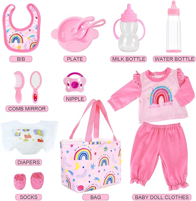 UNICORN ELEMENT 13 Pcs Baby Doll Clothes and Accessories for 14-18 inch Dolls, Baby Doll Feeding and Caring Set with Baby Doll Diaper Bag, Clothes, Diapers, Bottles, Pacifier, Best Gift for Kids